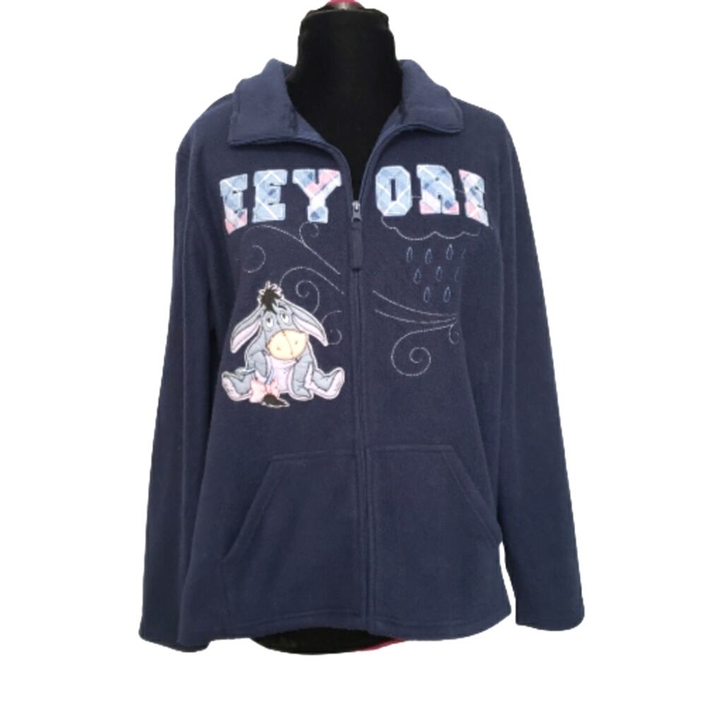 Disney Eeyore Patchwork Embroidered Full Zip Pocket Blue Fleece‎ Jacket XL